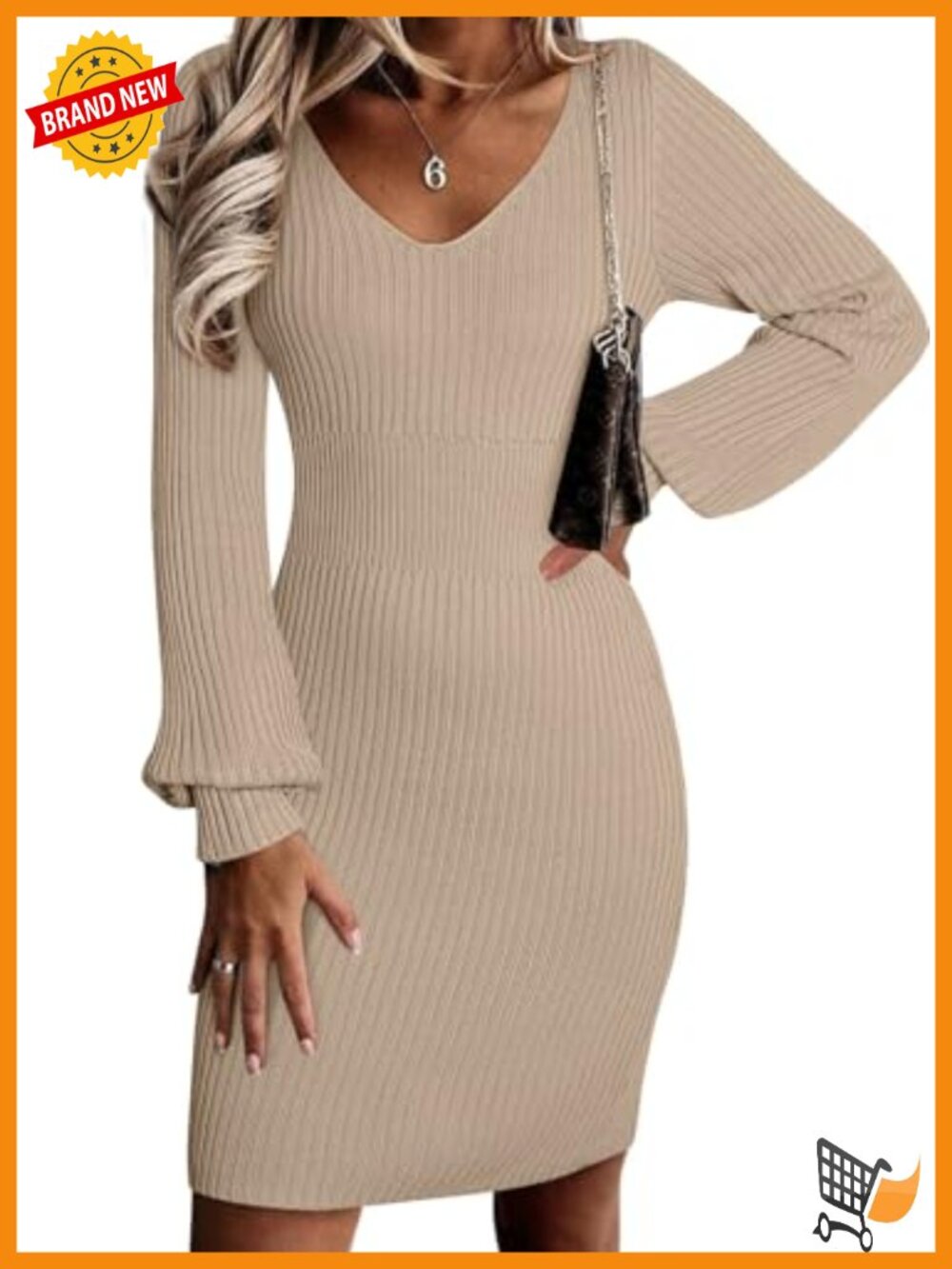 Ribbed Knit V-Neck Sweater Dress Lantern Sleeve Pullover Fall Winter